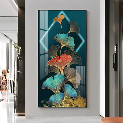 Elegant Ginkgo Leaf Gold Foil Entrance Hall Acrylic Vertical Wall Art - Decor Mantra 