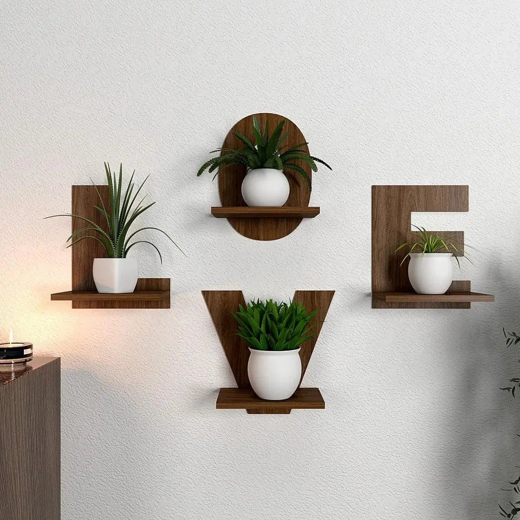 Designer Love Text Alphabet Dark Walnut Planter Shelves Set Of 4 - Decor Mantra 