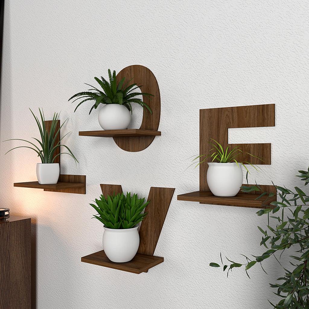 Designer Love Text Alphabet Dark Walnut Planter Shelves Set Of 4 - Decor Mantra 