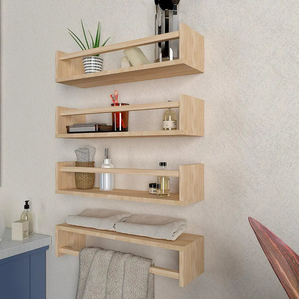 Classic Horizontal Four Wall Shelf with Oak Finish - Decor Mantra 