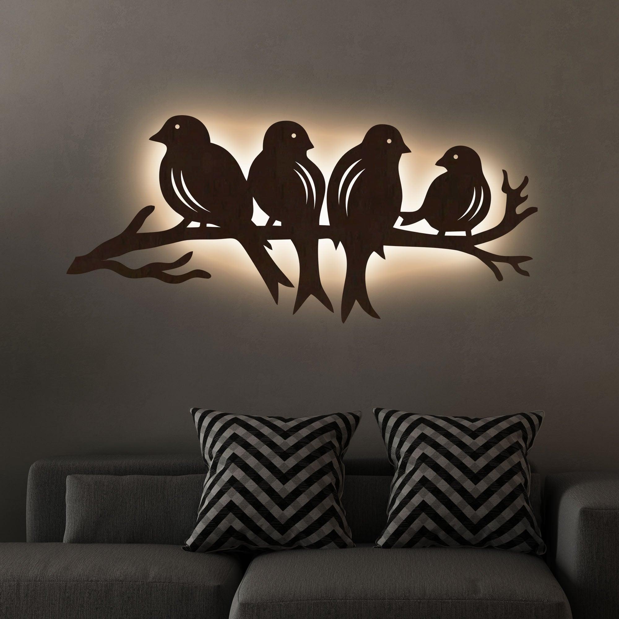 Birds Sitting on Branch Backlit Wooden Wall Decor with LED Night Light Walnut Finish - Decor Mantra 