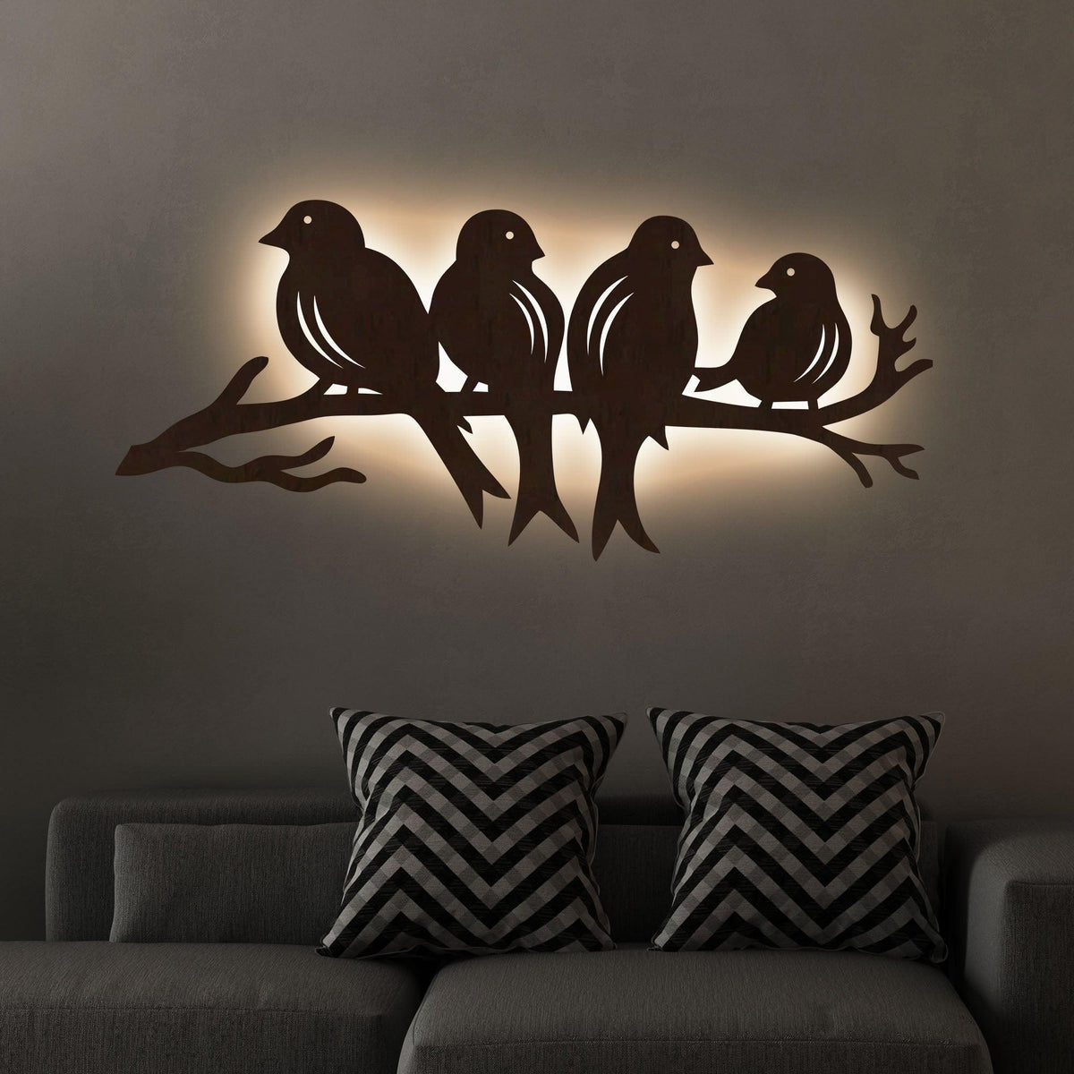 Birds Sitting on Branch Backlit Wooden Wall Decor with LED Night Light Walnut Finish - Decor Mantra 