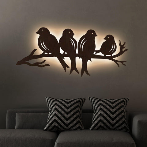 Birds Sitting on Branch Backlit Wooden Wall Decor with LED Night Light Walnut Finish - Decor Mantra 