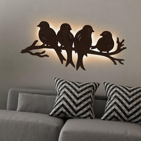 Birds Sitting on Branch Backlit Wooden Wall Decor with LED Night Light Walnut Finish - Decor Mantra 