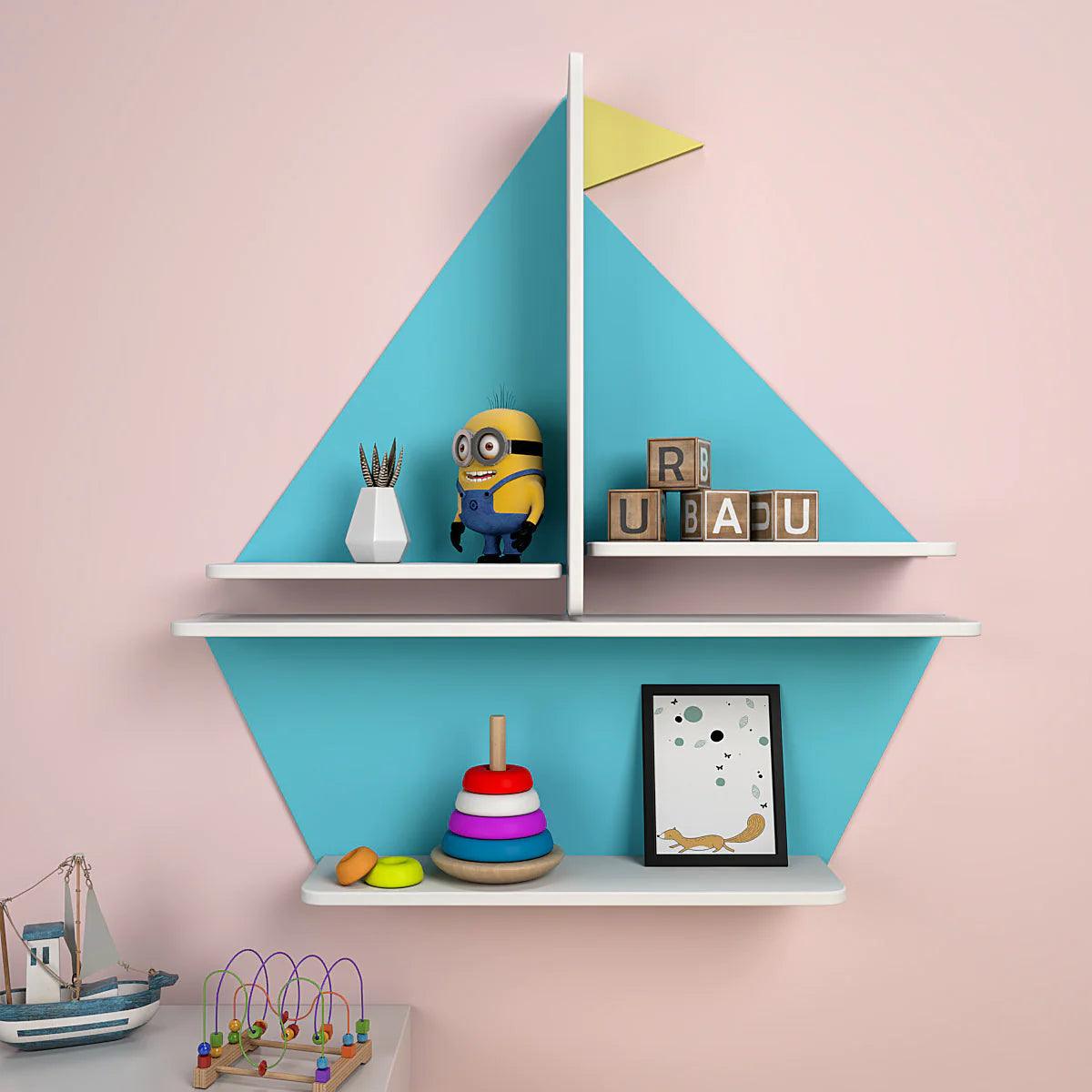 Designer Boat Shaped Blue Wooden Wall Shelf for Kids - Decor Mantra 