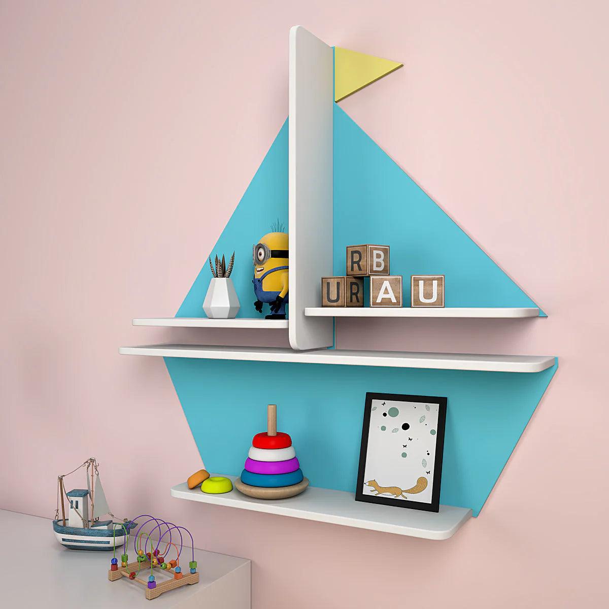 Designer Boat Shaped Blue Wooden Wall Shelf for Kids - Decor Mantra 