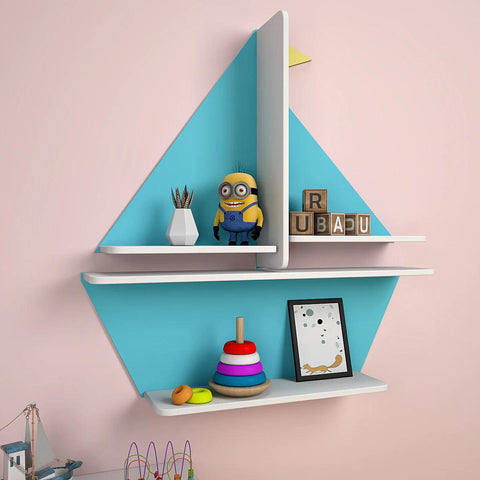 Designer Boat Shaped Blue Wooden Wall Shelf for Kids - Decor Mantra 