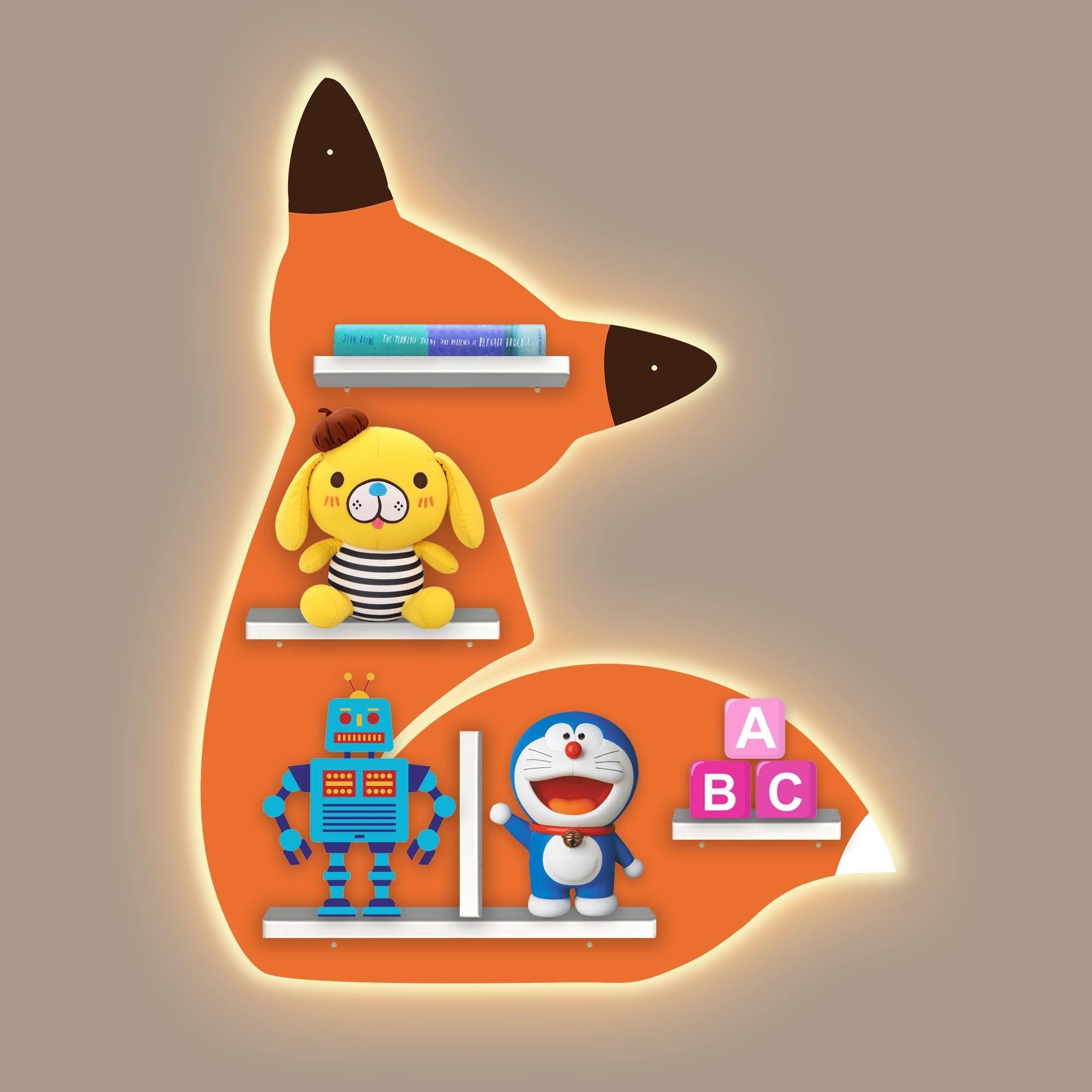 Designer Fox Shape Wooden LED Light Wall Shelf for Kids - Decor Mantra 