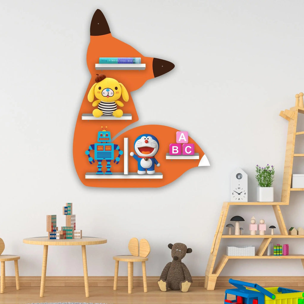 Designer Fox Shape Wooden LED Light Wall Shelf for Kids - Decor Mantra 