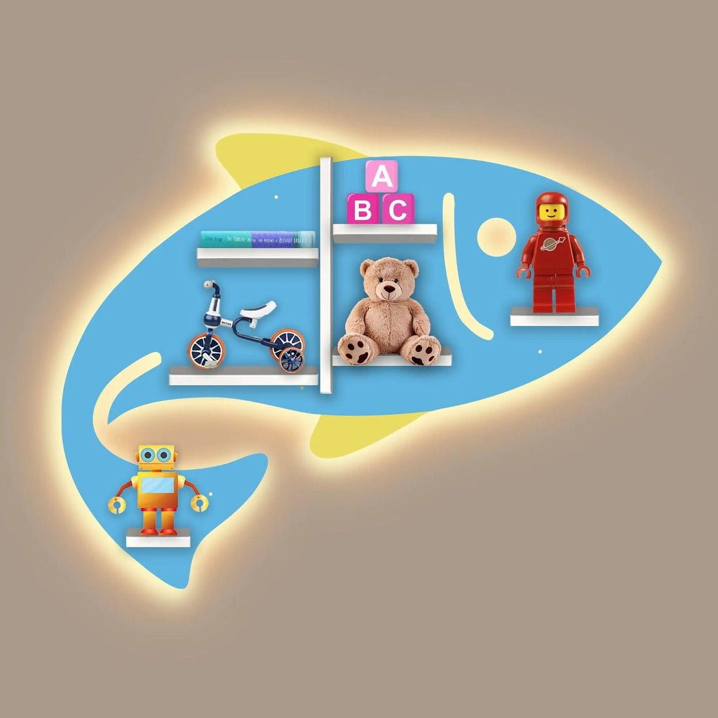 Fish Shape Wooden Wall Shelf with LED Light for Kids - Decor Mantra 