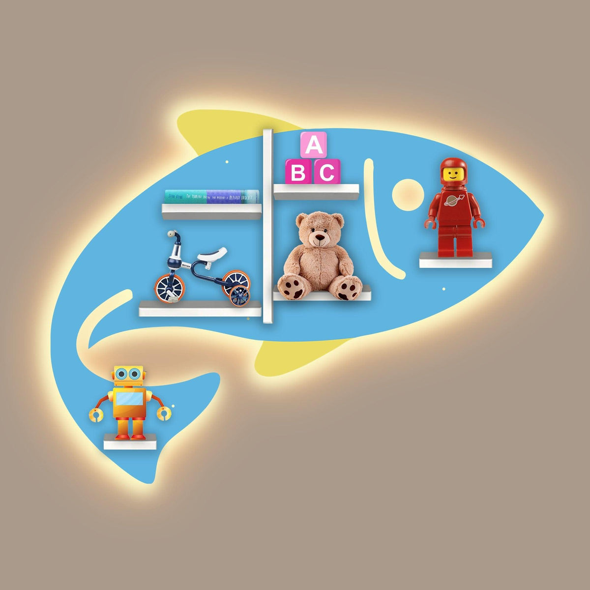 Fish Shape Wooden Wall Shelf with LED Light for Kids - Decor Mantra 