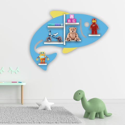 Fish Shape Wooden Wall Shelf with LED Light for Kids - Decor Mantra 