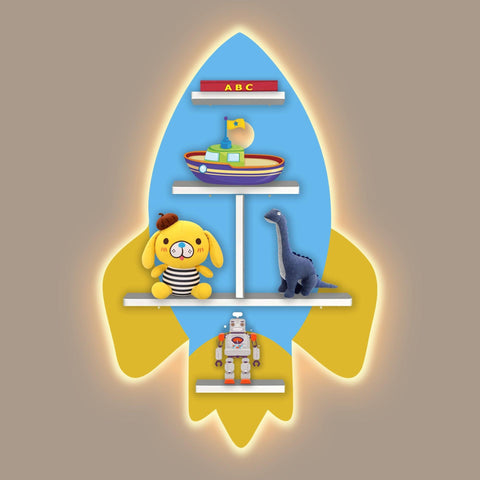 Rocket Shape Wooden Wall Shelf LED Light Wall Shelf for Kids - Decor Mantra 