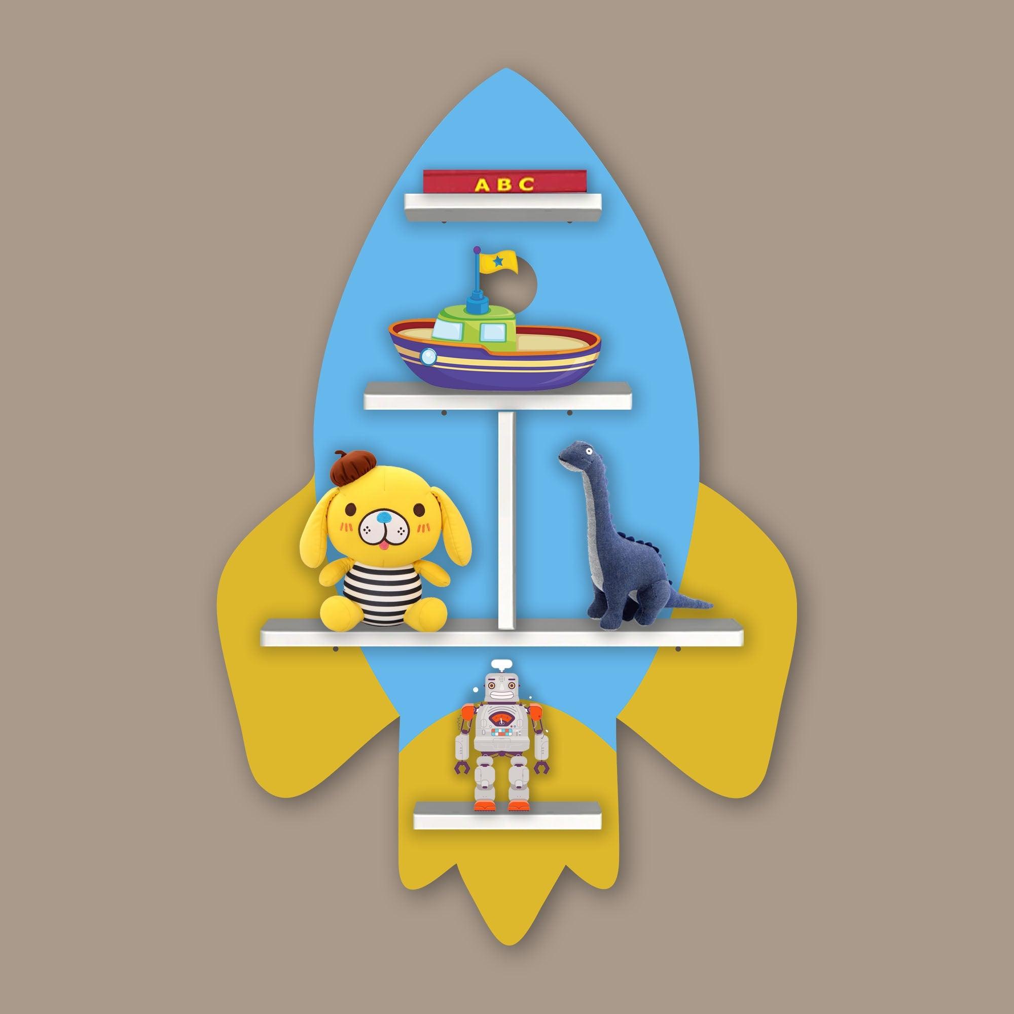 Rocket Shape Wooden Wall Shelf LED Light Wall Shelf for Kids - Decor Mantra 