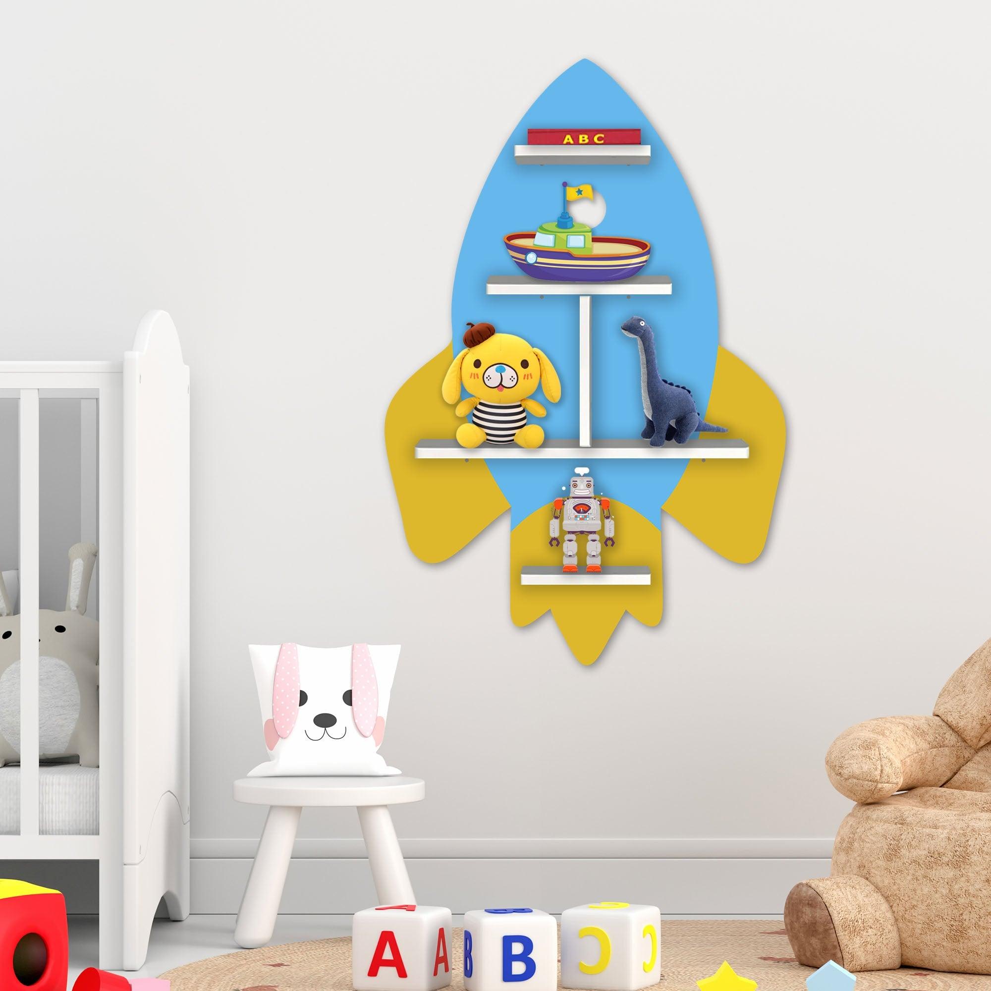 Rocket Shape Wooden Wall Shelf LED Light Wall Shelf for Kids - Decor Mantra 