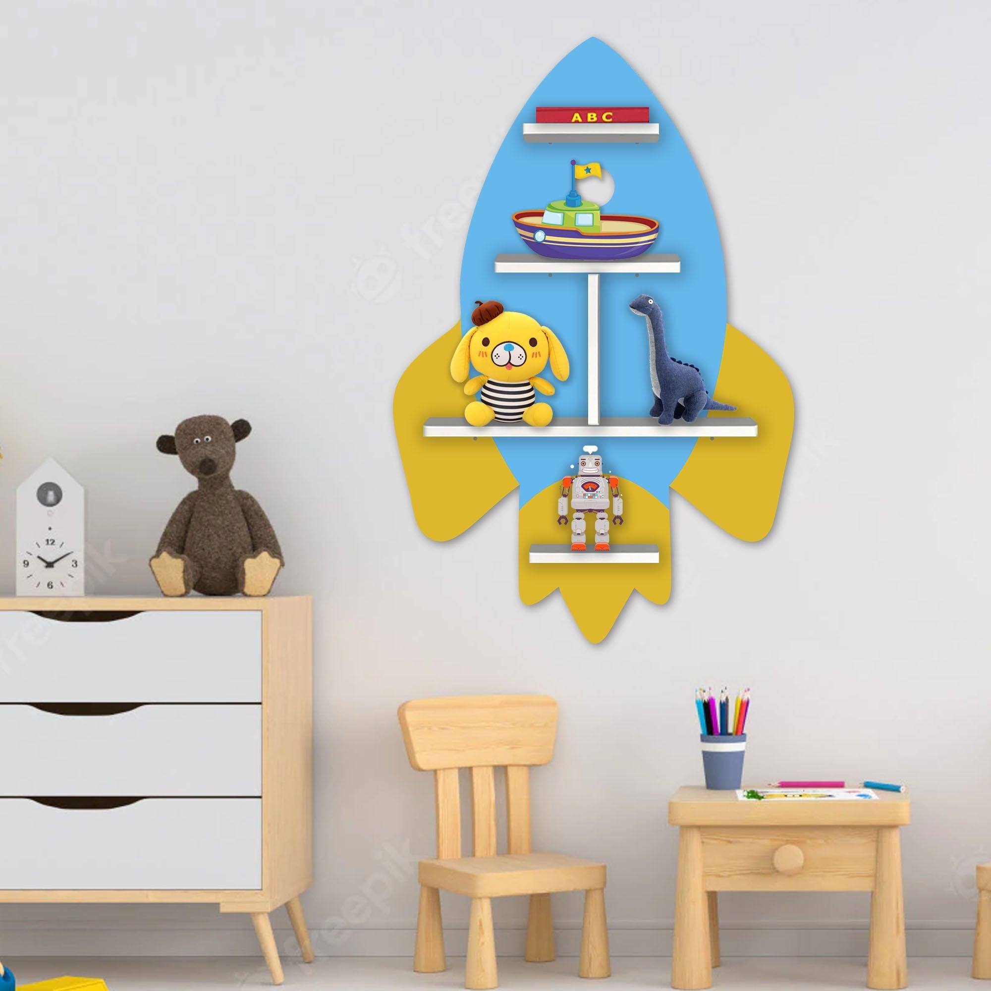 Rocket Shape Wooden Wall Shelf LED Light Wall Shelf for Kids - Decor Mantra 