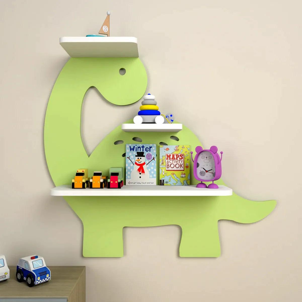Dinosaur Shaped Wooden Wall Storage Shelf for Kids - Decor Mantra 