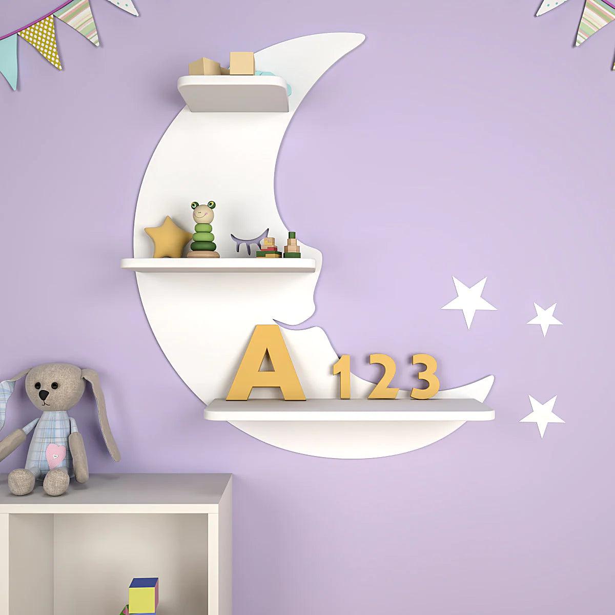 Modern Sparkle Moon Wooden Wall Shelf for Kids - Decor Mantra 