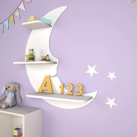 Modern Sparkle Moon Wooden Wall Shelf for Kids - Decor Mantra 