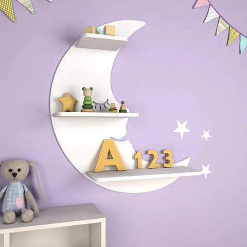 Modern Sparkle Moon Wooden Wall Shelf for Kids - Decor Mantra 