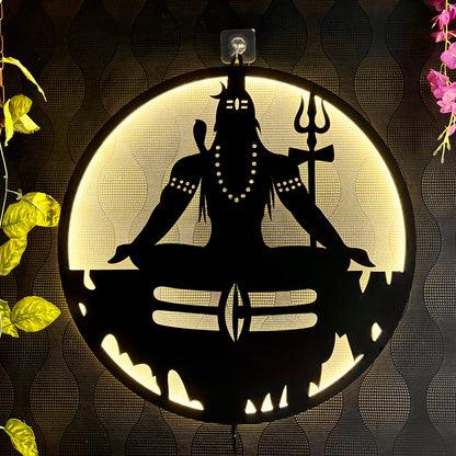 Adiyogi Lord Shiva Premium Backlit Design Wooden Wall Hanging with LED Night Light Walnut Finish - Decor Mantra 