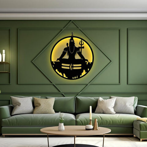 Adiyogi Lord Shiva Premium Backlit Design Wooden Wall Hanging with LED Night Light Walnut Finish - Decor Mantra 