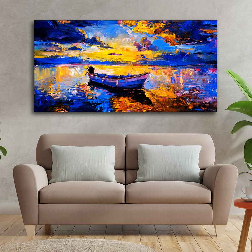 Wall Canvas Painting of Boat Sunset Over Ocean DECORMANTRA
