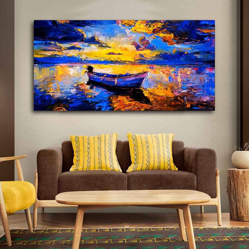 Wall Canvas Painting of Boat Sunset Over Ocean DECORMANTRA