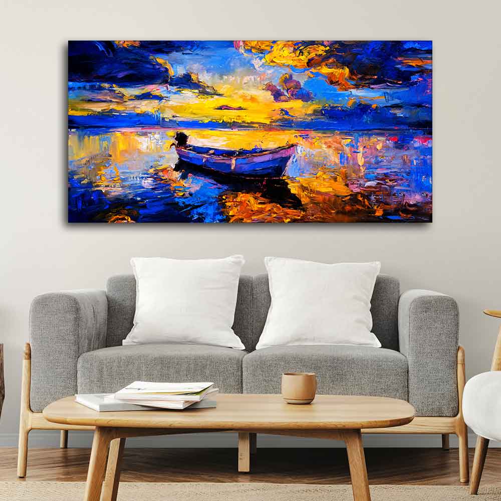 Wall Canvas Painting of Boat Sunset Over Ocean DECORMANTRA