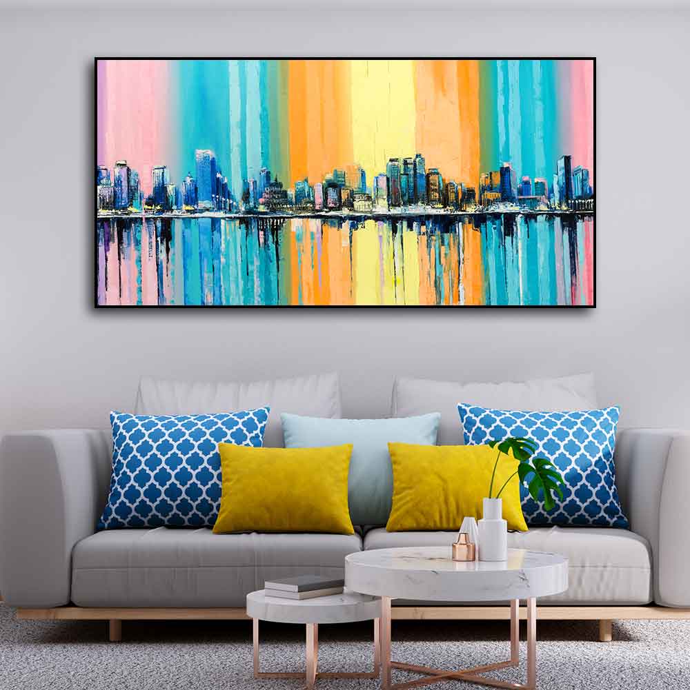 Wall Painting of A Fantasy Coastal city with a Rainbow Background DECORMANTRA