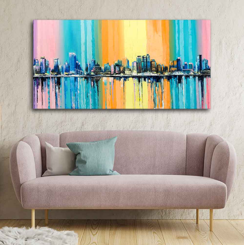 Wall Painting of A Fantasy Coastal city with a Rainbow Background DECORMANTRA