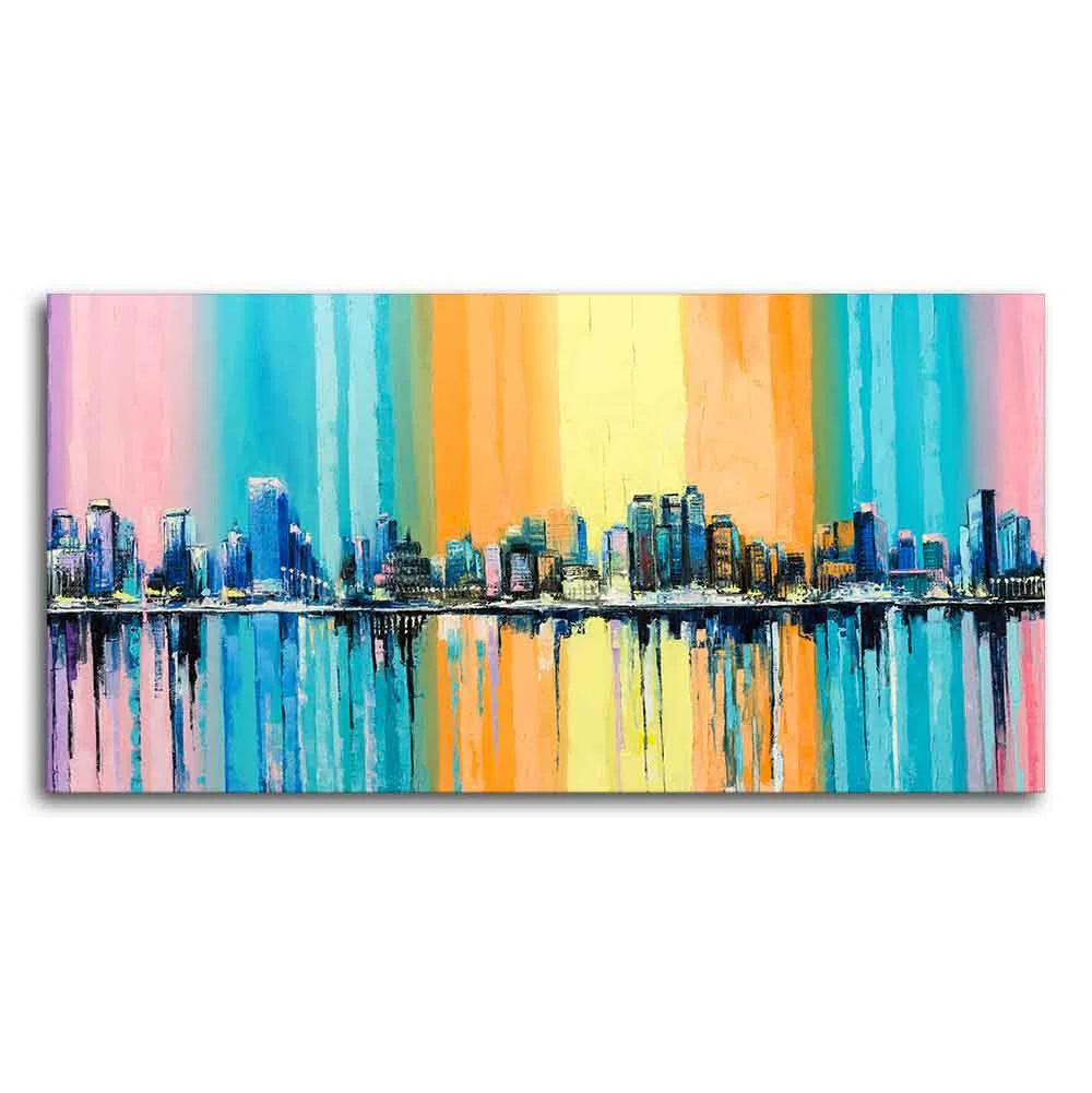 Wall Painting of A Fantasy Coastal city with a Rainbow Background DECORMANTRA