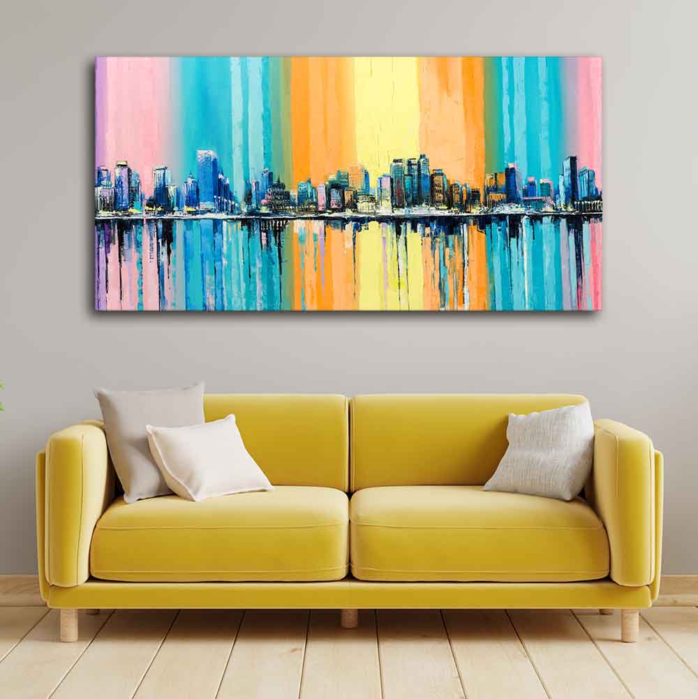 Wall Painting of A Fantasy Coastal city with a Rainbow Background DECORMANTRA
