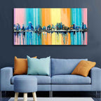 Wall Painting of A Fantasy Coastal city with a Rainbow Background DECORMANTRA