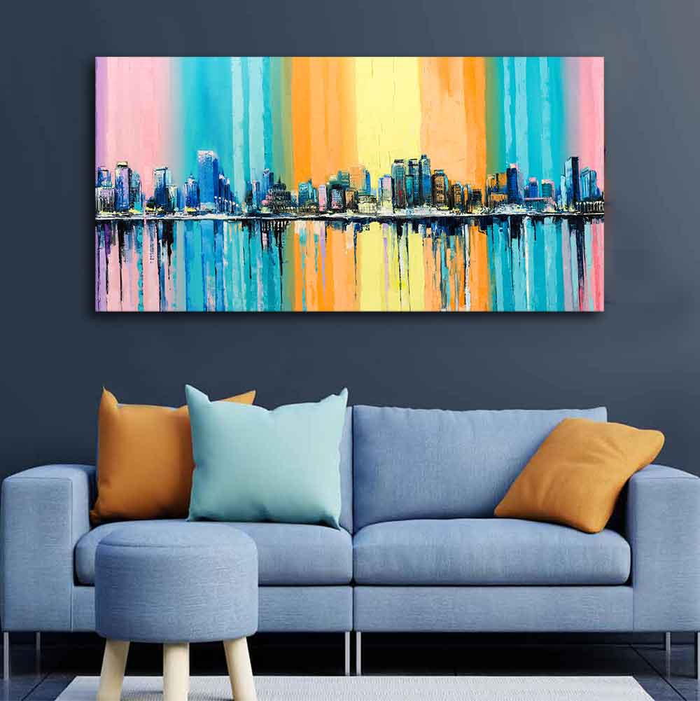 Wall Painting of A Fantasy Coastal city with a Rainbow Background DECORMANTRA