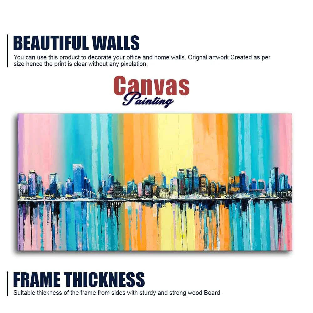 Wall Painting of A Fantasy Coastal city with a Rainbow Background DECORMANTRA