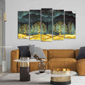 Wall Painting of Golden Trees in Dark Forest of Five Pieces Set DECORMANTRA