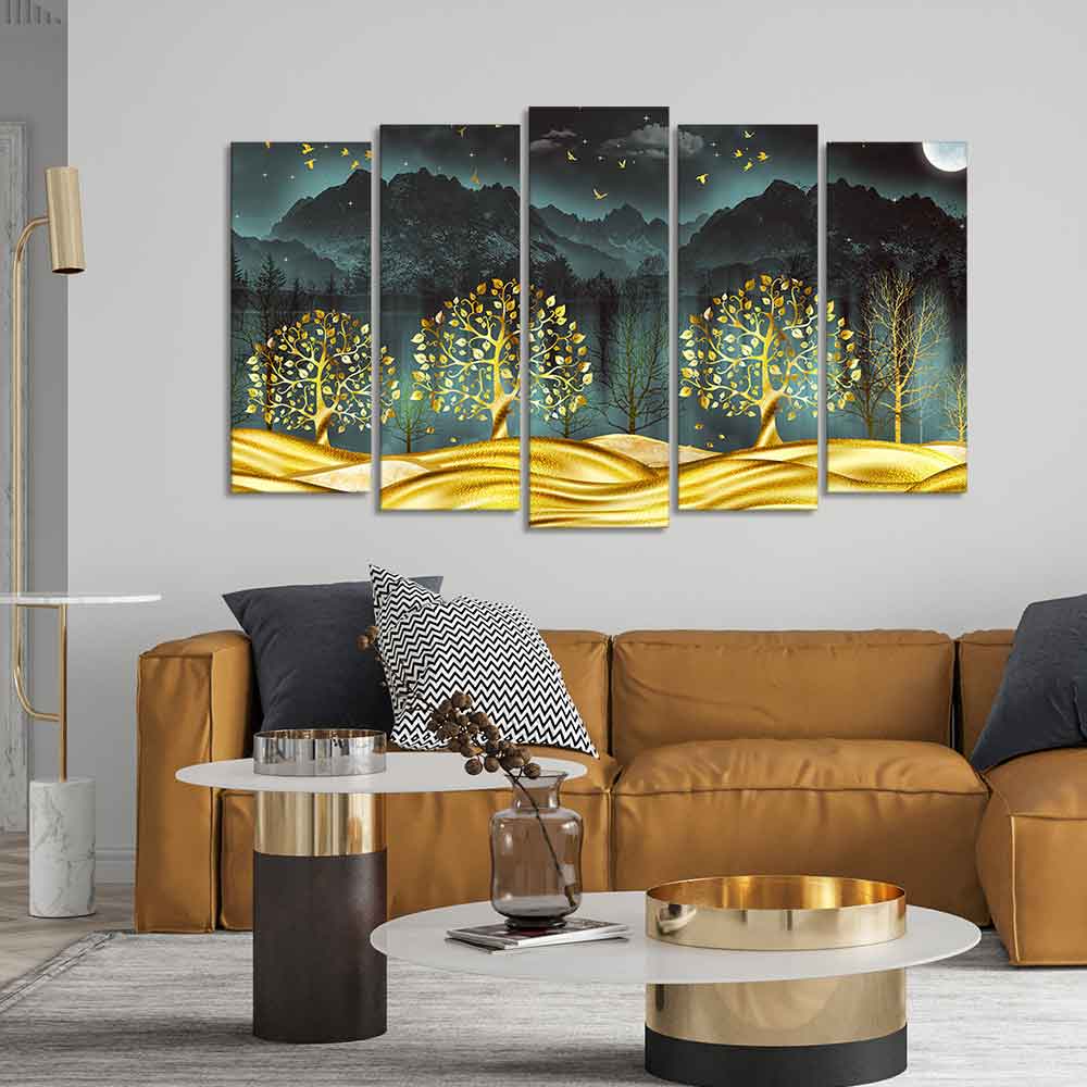 Wall Painting of Golden Trees in Dark Forest of Five Pieces Set DECORMANTRA