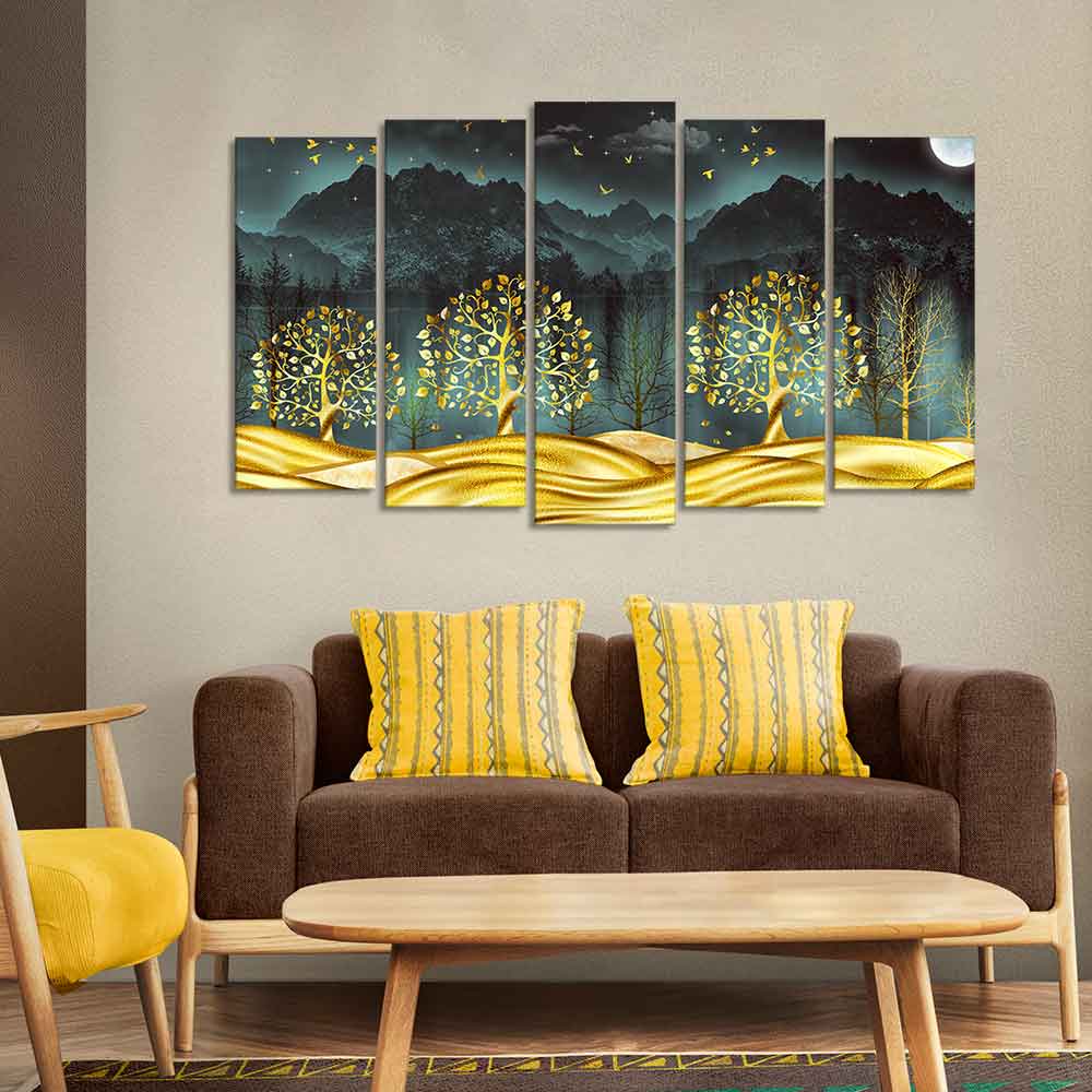 Wall Painting of Golden Trees in Dark Forest of Five Pieces Set DECORMANTRA