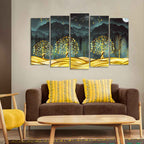 Wall Painting of Golden Trees in Dark Forest of Five Pieces Set DECORMANTRA