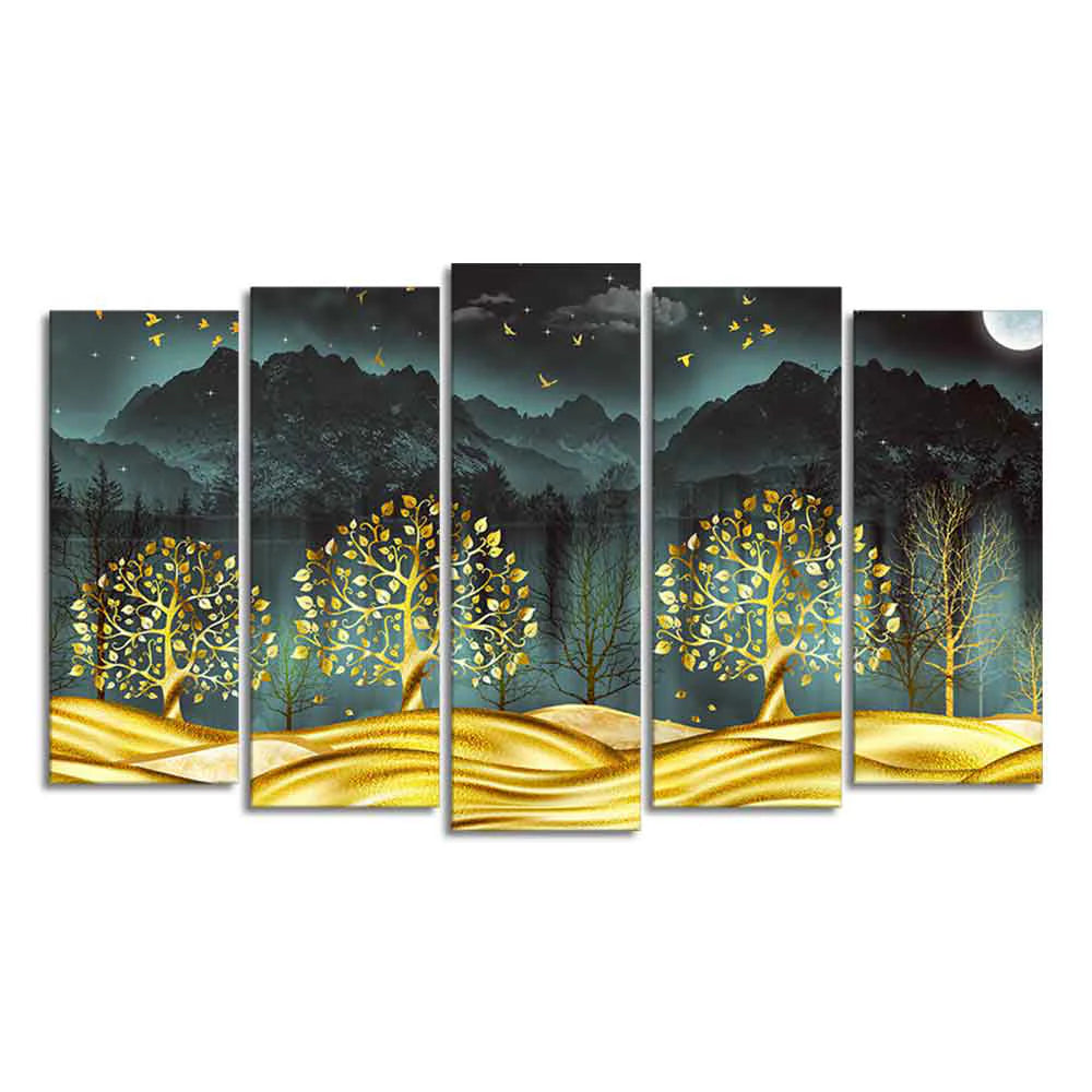 Wall Painting of Golden Trees in Dark Forest of Five Pieces Set DECORMANTRA