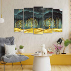Wall Painting of Golden Trees in Dark Forest of Five Pieces Set DECORMANTRA