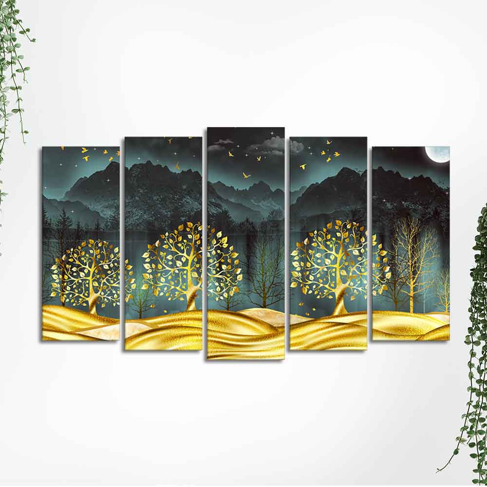 Wall Painting of Golden Trees in Dark Forest of Five Pieces Set DECORMANTRA