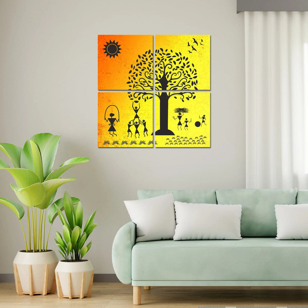 Warli Art Village Wall Hanging Painting, 4 Pieces DECORMANTRA
