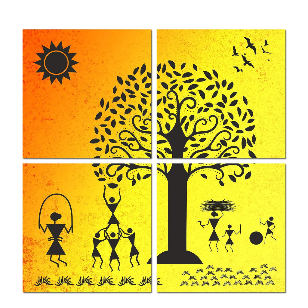 Warli Art Village Wall Hanging Painting, 4 Pieces DECORMANTRA