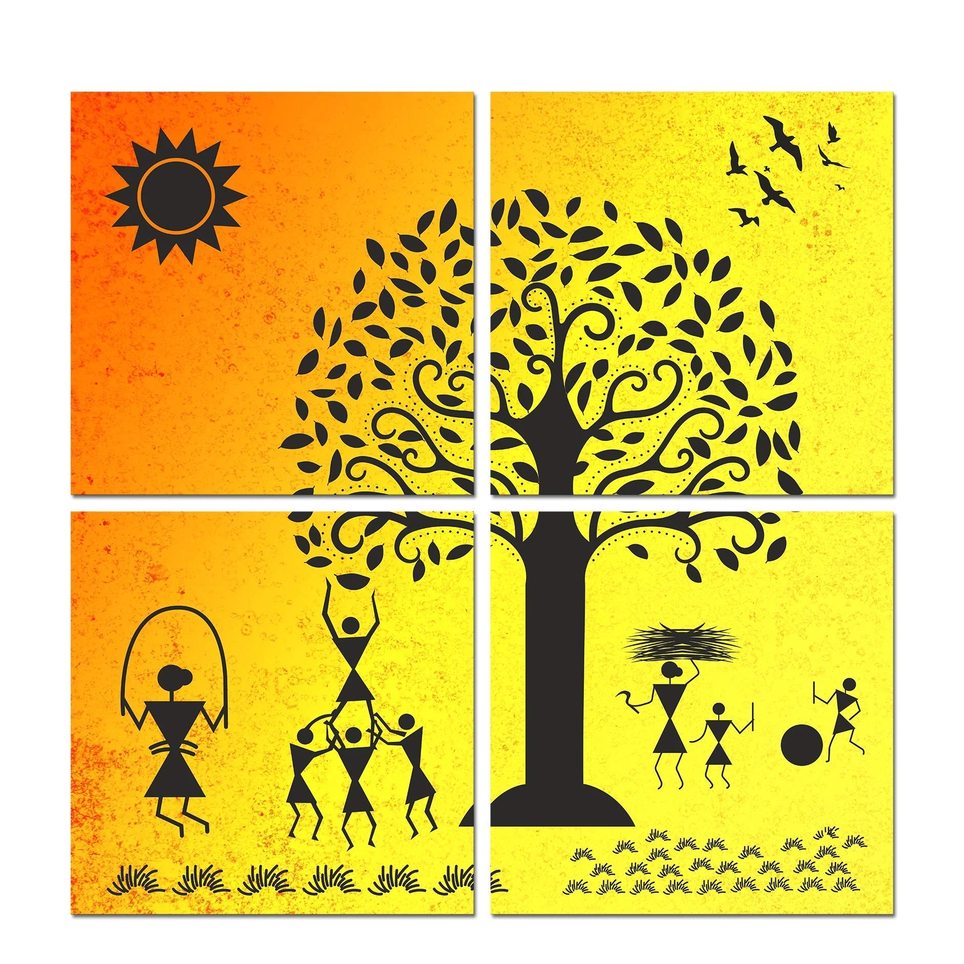 Warli Art Village Wall Hanging Painting, 4 Pieces DECORMANTRA