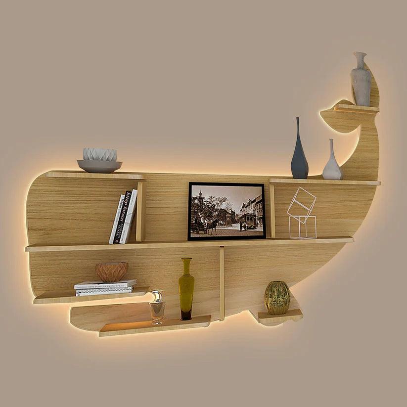 Whale Backlit Designer Wooden Wall Shelf / Book Shelf / Night Light, Light Oak Finish - Decor Mantra 