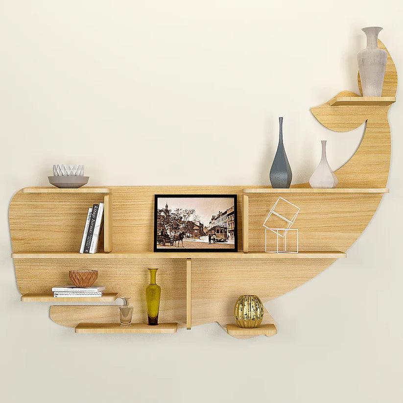 Whale Backlit Designer Wooden Wall Shelf / Book Shelf / Night Light, Light Oak Finish - Decor Mantra 