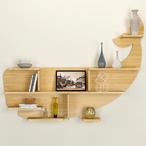 Whale Backlit Designer Wooden Wall Shelf / Book Shelf / Night Light, Light Oak Finish - Decor Mantra 