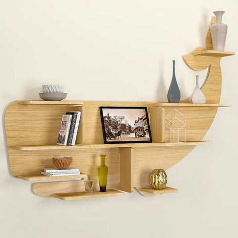 Whale Backlit Designer Wooden Wall Shelf / Book Shelf / Night Light, Light Oak Finish - Decor Mantra 